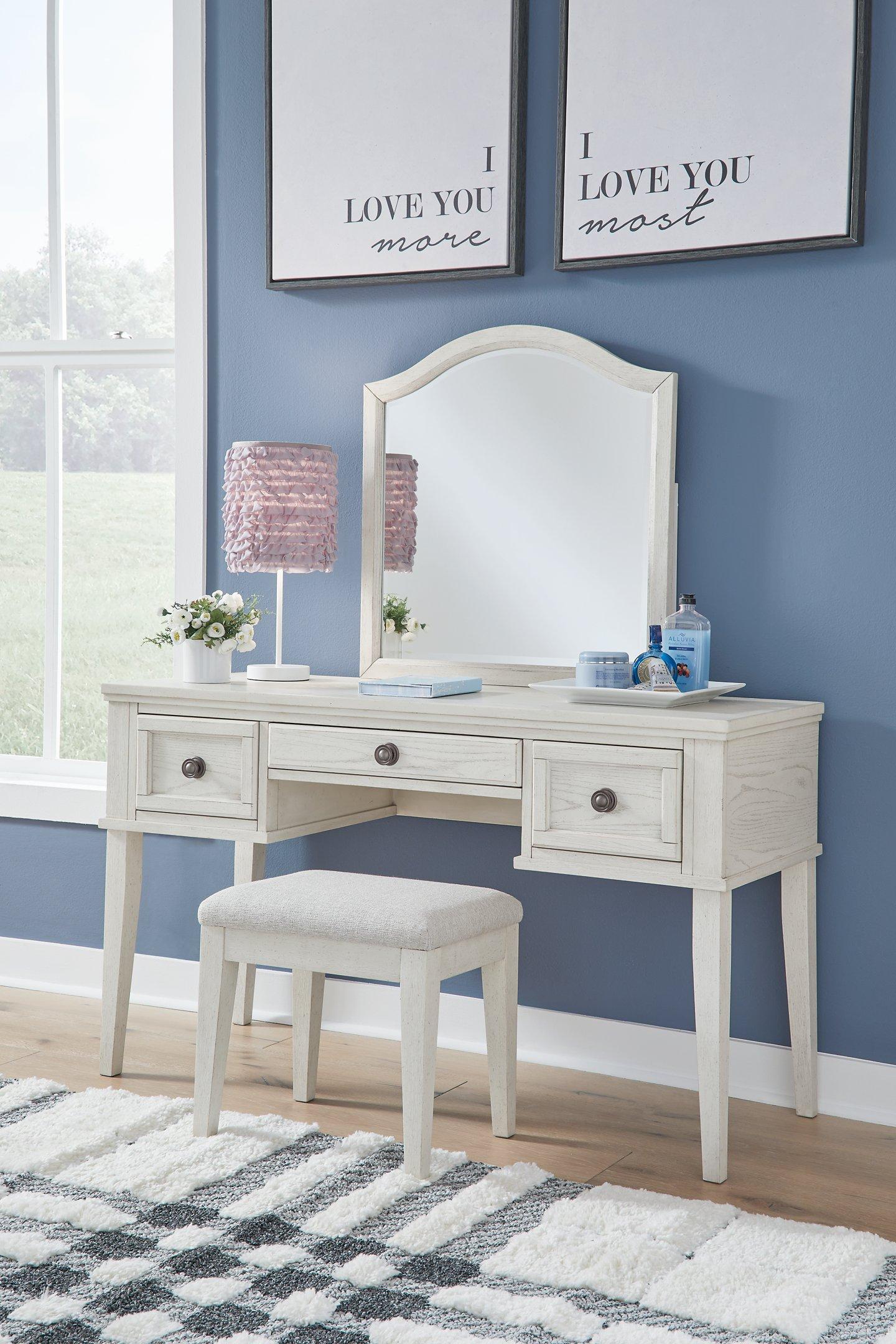 mirrored dressing table with mirror Ashley Robbinsdale Mirrored Vanity and Bench Set, Antique White
