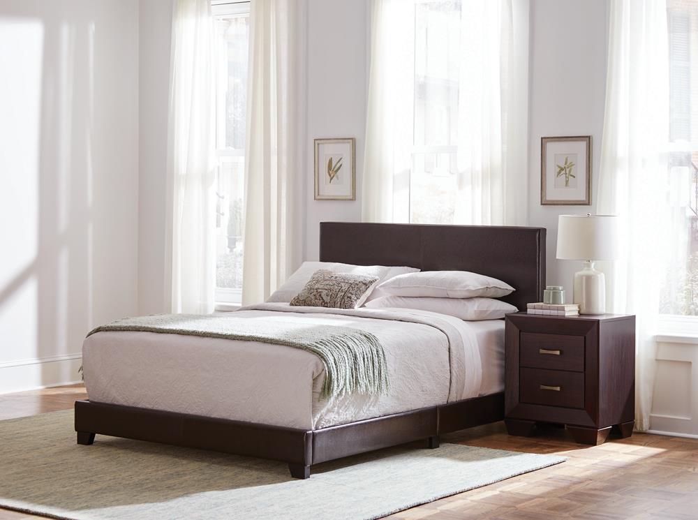 Dorian Upholstered California King, E.King, & Queen Bed Black, Brown, & Grey