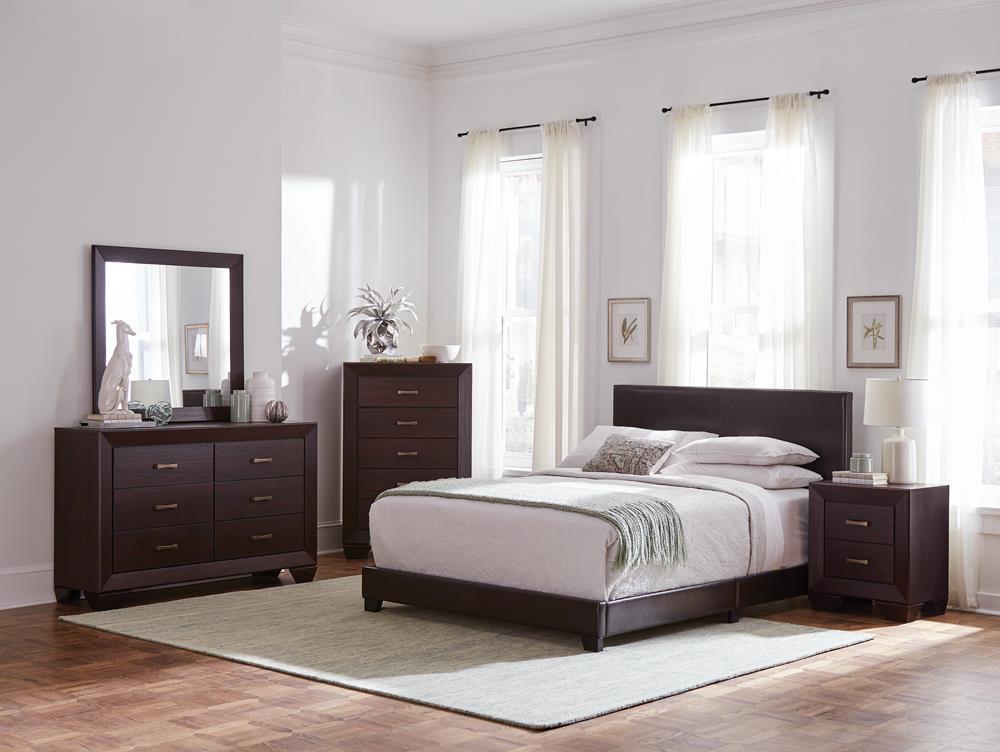 Dorian Upholstered California King, E.King, & Queen Bed Black, Brown, & Grey