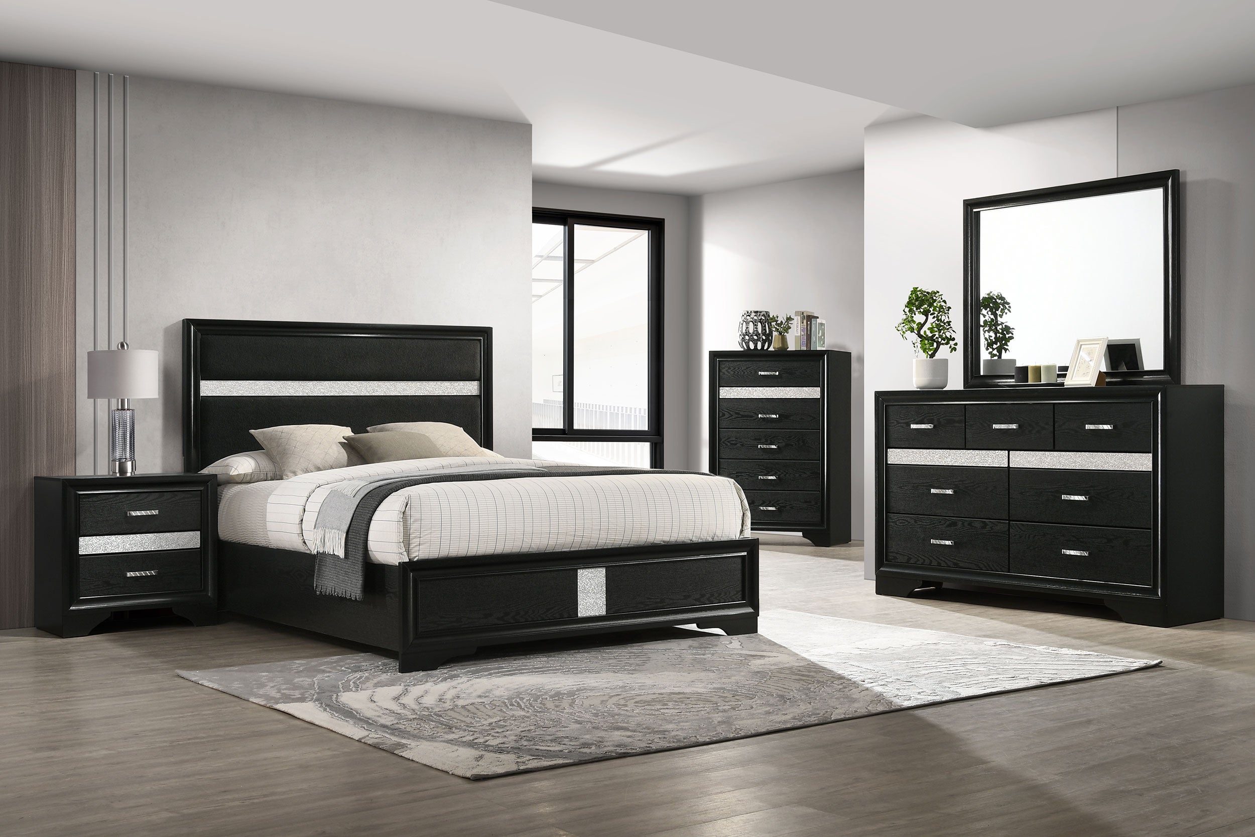 Miranda California King, E.King, Queen, Full, & Twin Bed Black & White